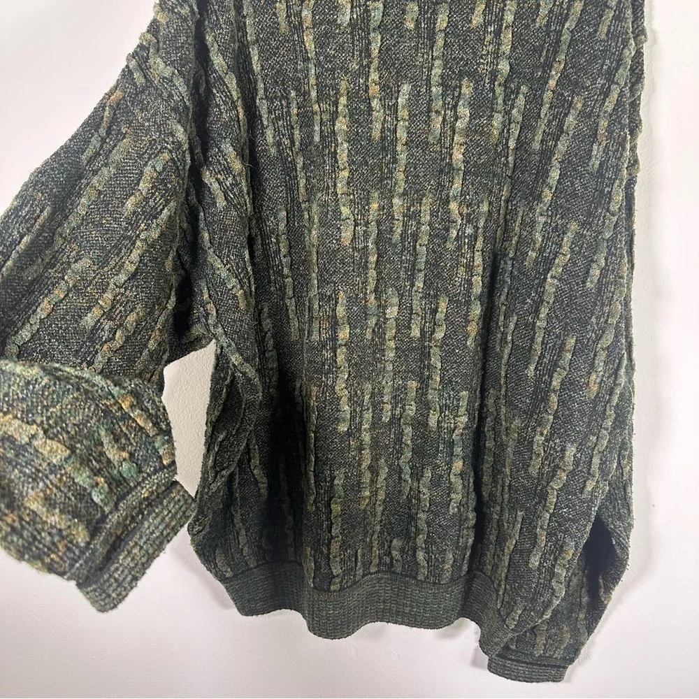 Jhane Barnes Green Sweater Rugged Line Pattern Men's Long Sleeve 3d knit VTG